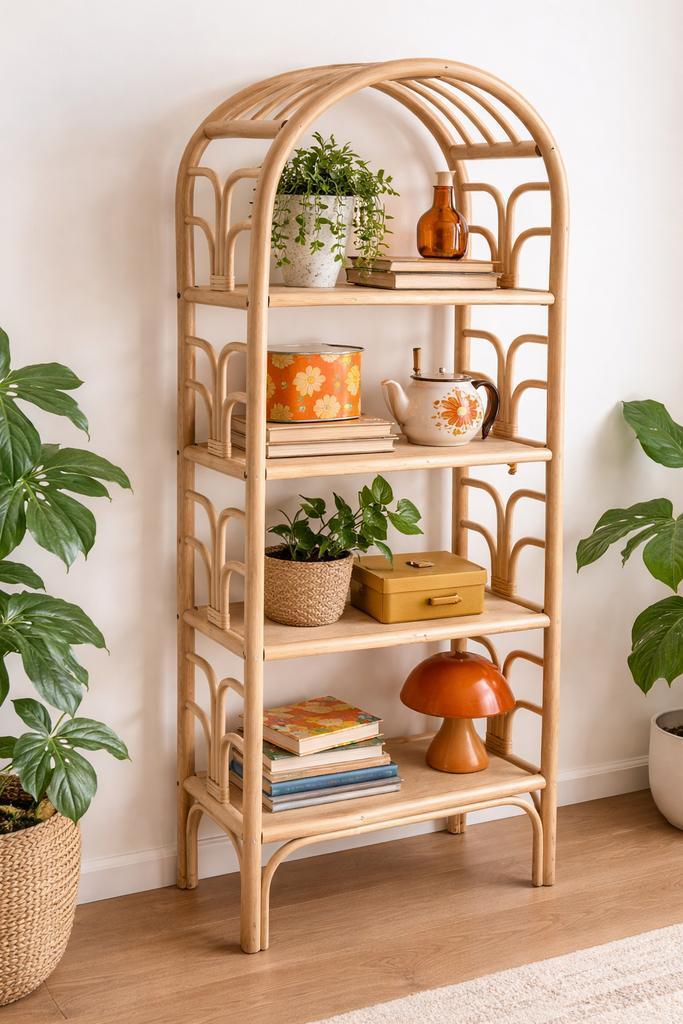 Vintage rotan boekenrek zijaanzicht met vier planken